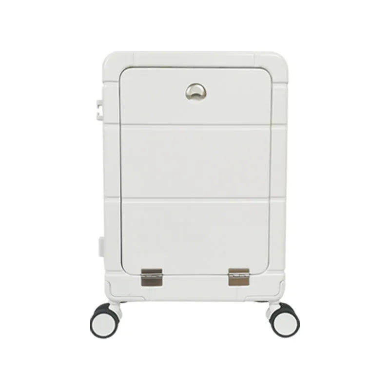 Front opening 20-inch hard shell suitcase in silver showing dry wet separation compartment and cup holder.
