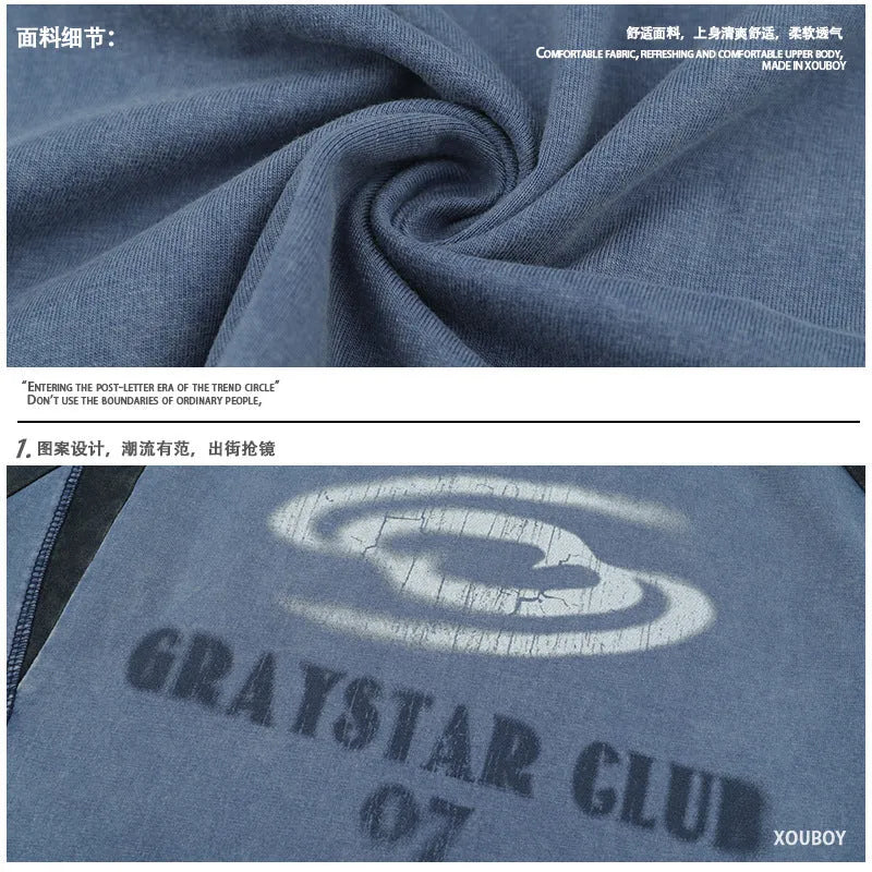 Men's blue hip hop letter print t-shirt with raglan sleeves and loose fit casual style