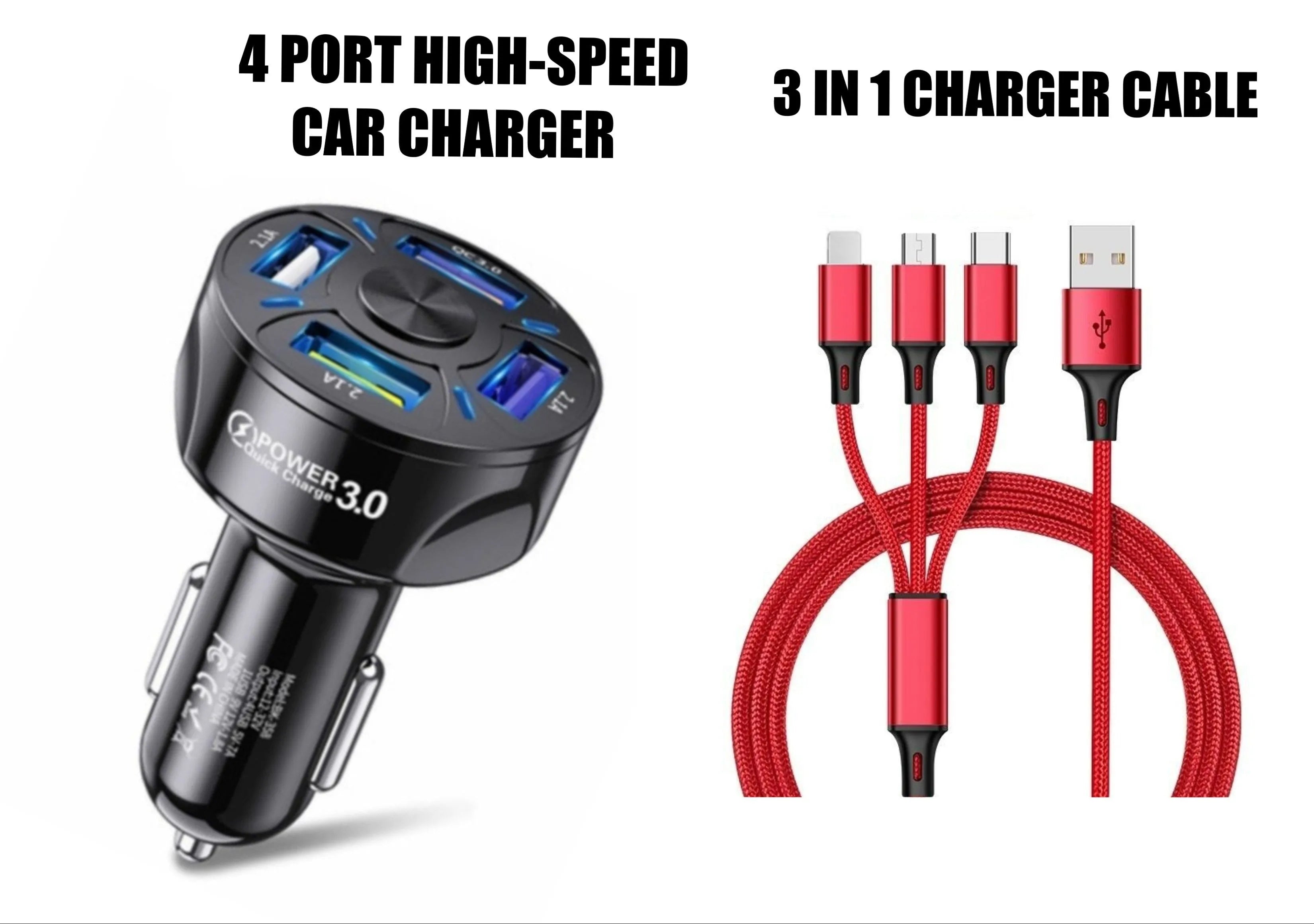 Black 4-port QC3.0 fast charge car charger with ABS body, 3.8cm cube