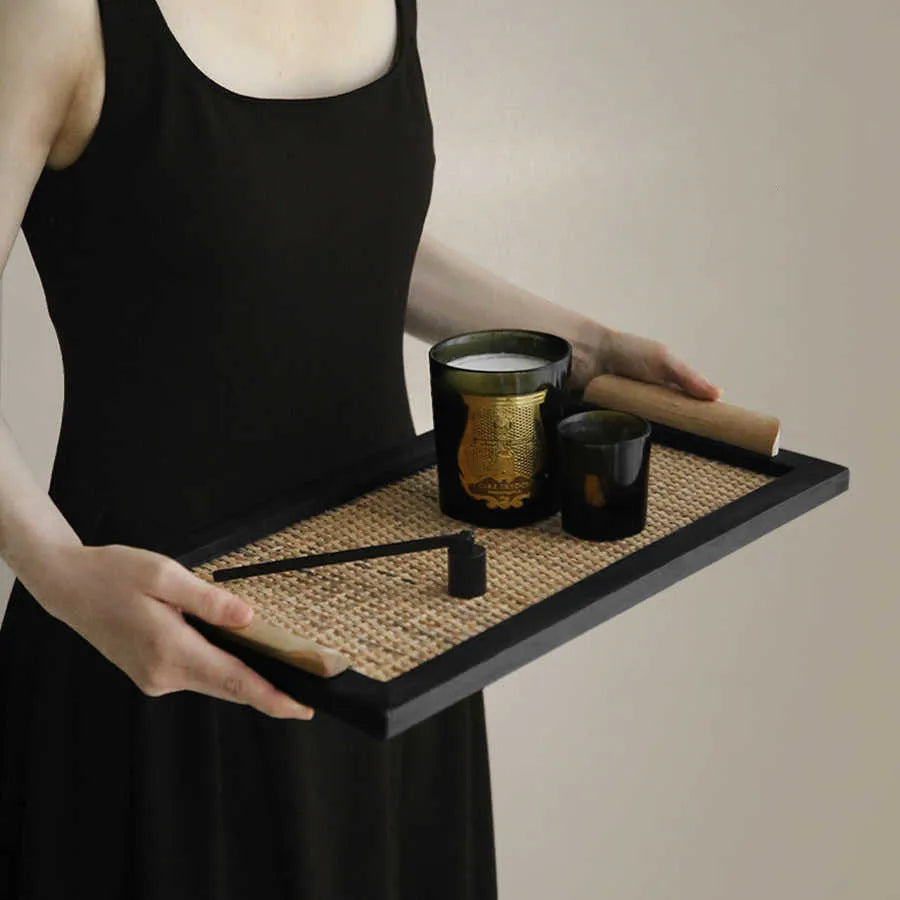 Pine wood dining tray with multiple compartments for organising items in living room or tea room