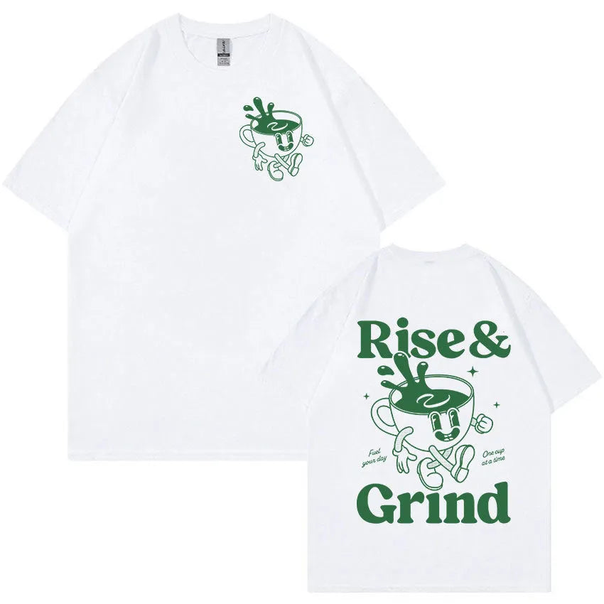 Men's linen t-shirt with Rise And Grind Green Coffee cartoon bag design in loose fit
