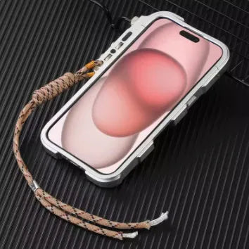 Robot Arm metal frame phone case for iPhone 13 Pro Max in silver with tempered film included