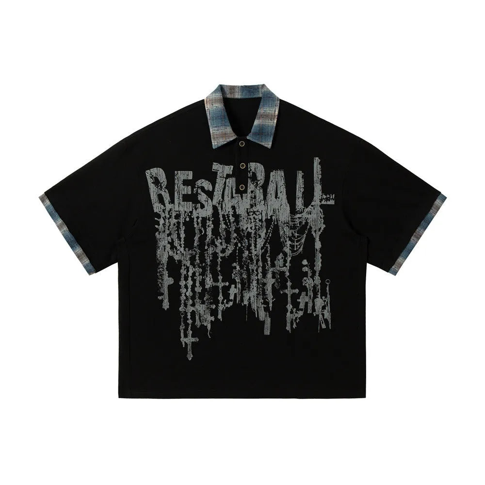 Men's asymmetric graffiti print cotton top in loose street style with short sleeves