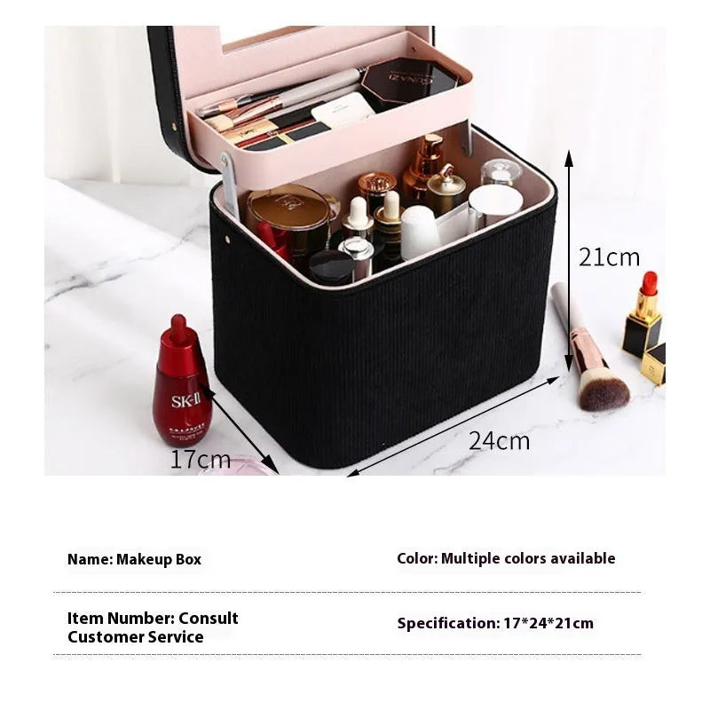 Corduroy cosmetic storage box with large capacity interior in various solid colours
