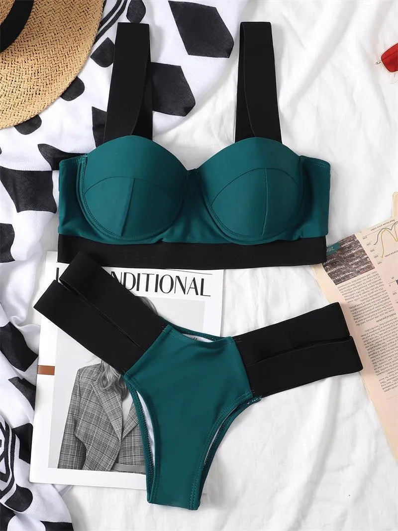 Women's contrasting colour bikini set with steel bracket push-up support, shown in rose red, black, peacock blue, and blue.