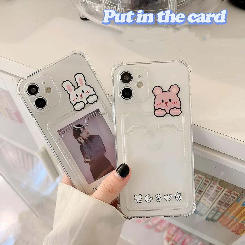 Clear cartoon design TPU phone case with a credit card slot for Apple iPhone.
