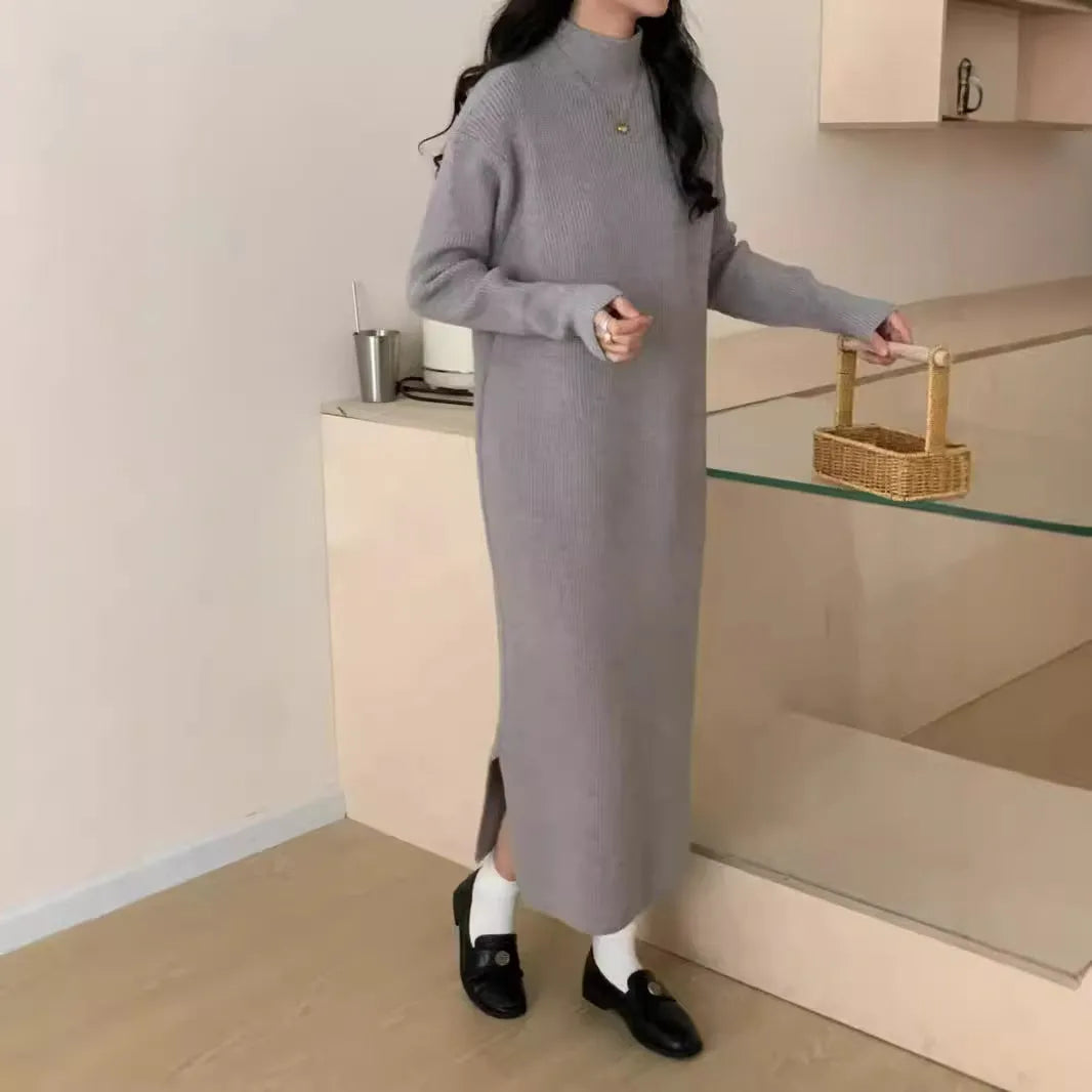 Acrylic knit high waist mid-length dress in solid colour with long sleeves.
