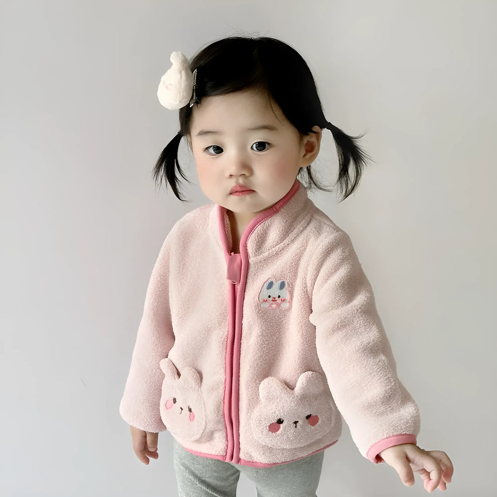 Children's fleece rabbit coat in pink with velvet outer, fur lining, and full-length zipper, suitable for autumn and winter