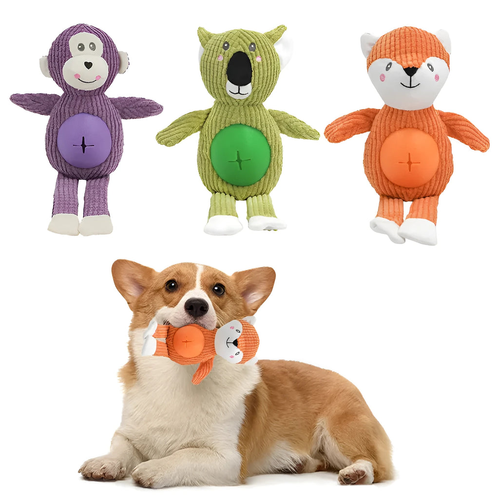 Animal-shaped stuffed dog toy in three bite-resistant colours Green Orange Purple on a white background