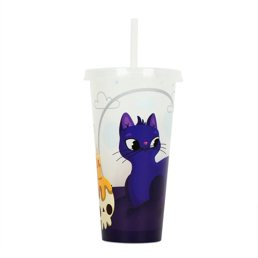 720ml luminous Halloween plastic sippy cup with straw showing cylindrical shape and colourful design