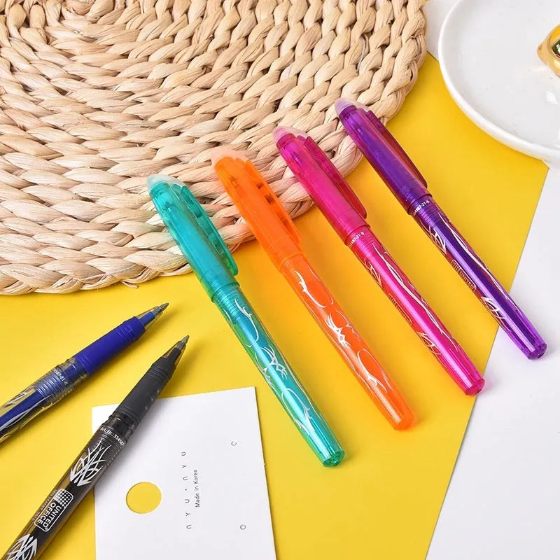 Heat-erasable gel pen set with plastic shells and stainless steel nibs in multiple colours
