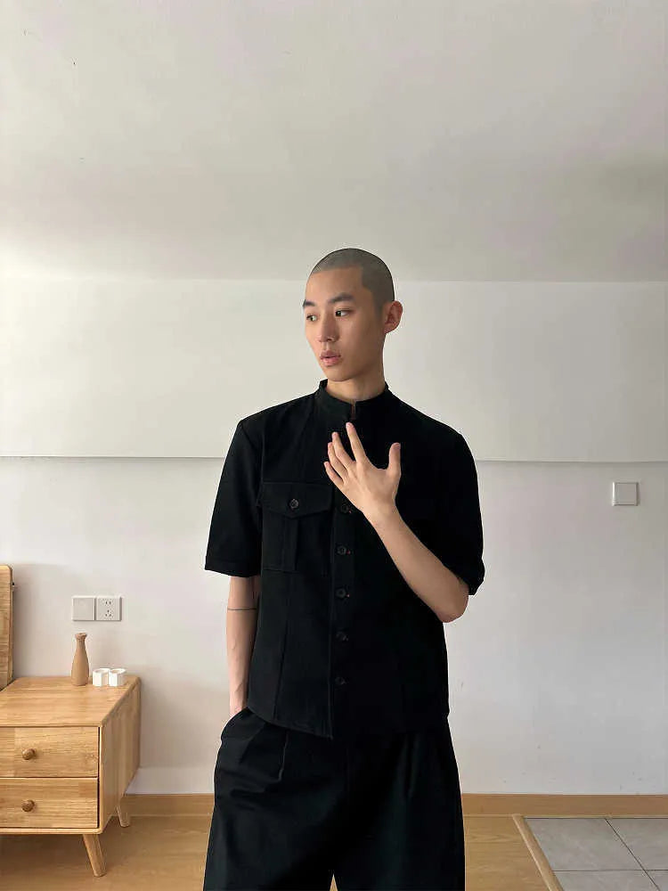 Handmade black half-sleeve hunting shirt with shirt collar and single-breasted placket