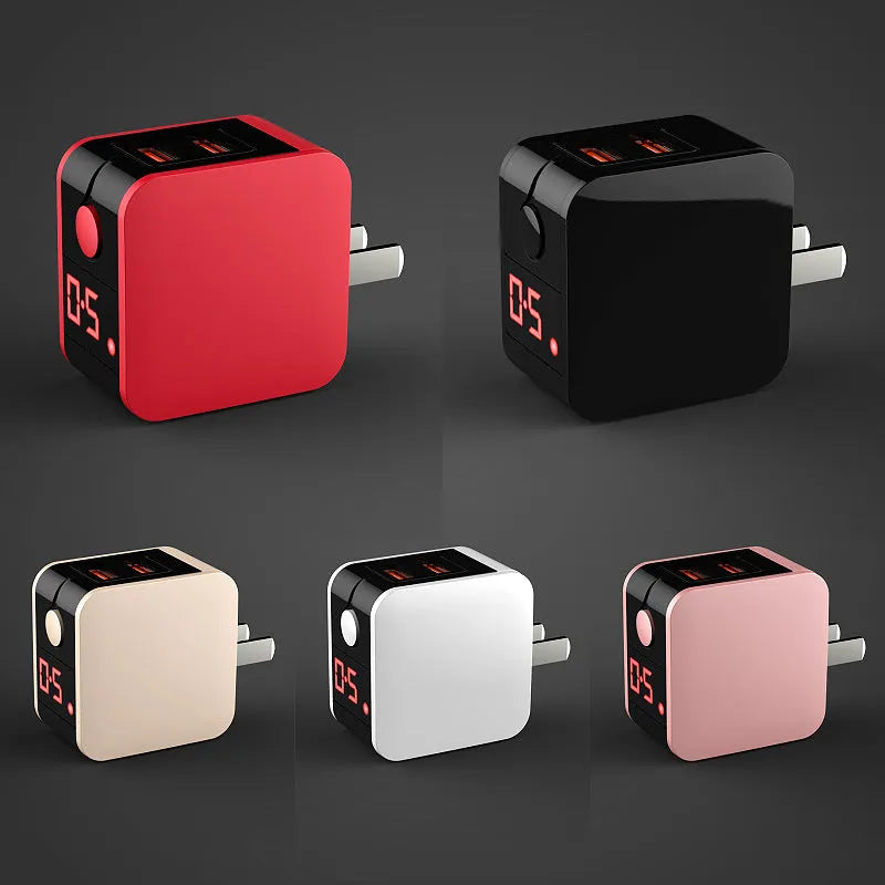 5V2A dual USB fast charger with digital display in black, available with UK plug