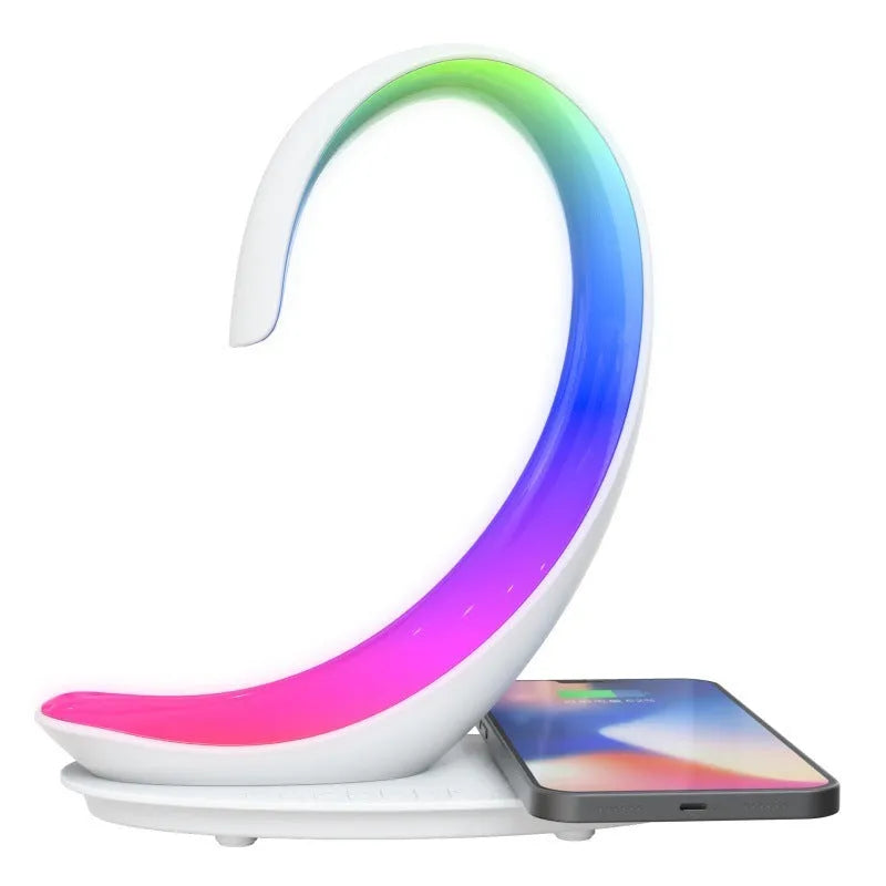 White swan shaped desktop wireless charger with Bluetooth speaker and colourful atmosphere lighting
