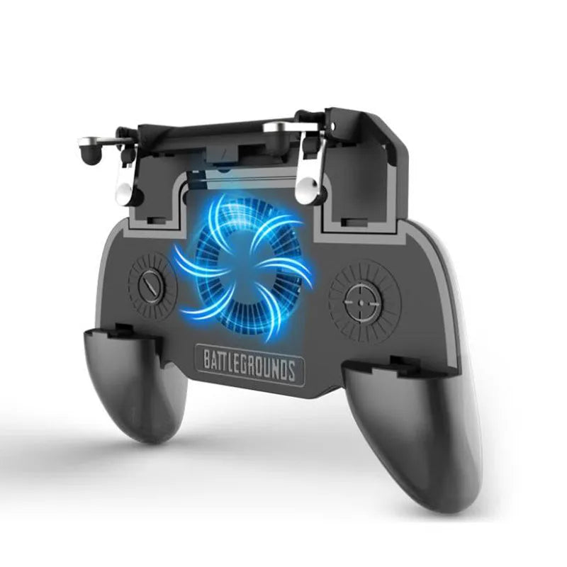 Black USB mobile game controller for smartphones with aluminium alloy sides and ergonomic grip.