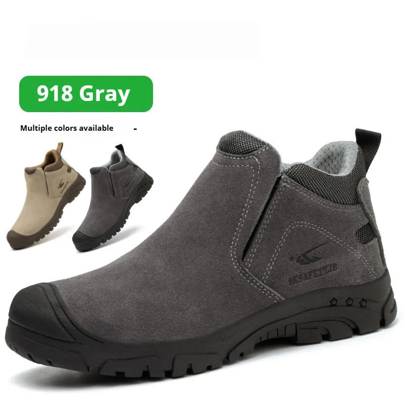 Lightweight welder safety shoes with steel toe cap in sand colour and grey, showing lace-up front and rubber sole.