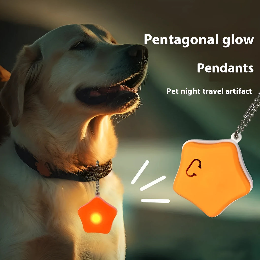 Blue silicone pet pendant light attached to dog collar with LED illumination