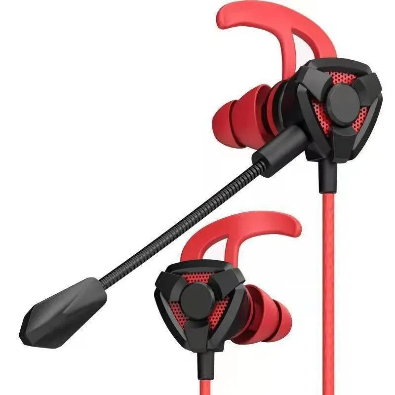Black and red in-ear gaming earphone with microphone and 3.5mm wired plug