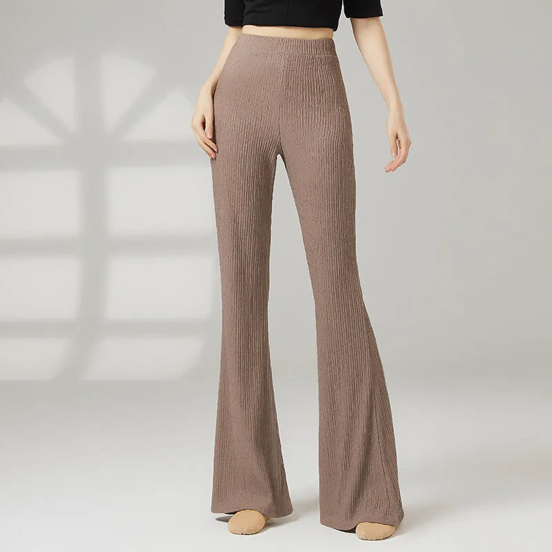 Women's solid colour polyester dance practice pants for classical training in beige, gray, khaki, purple, or black.