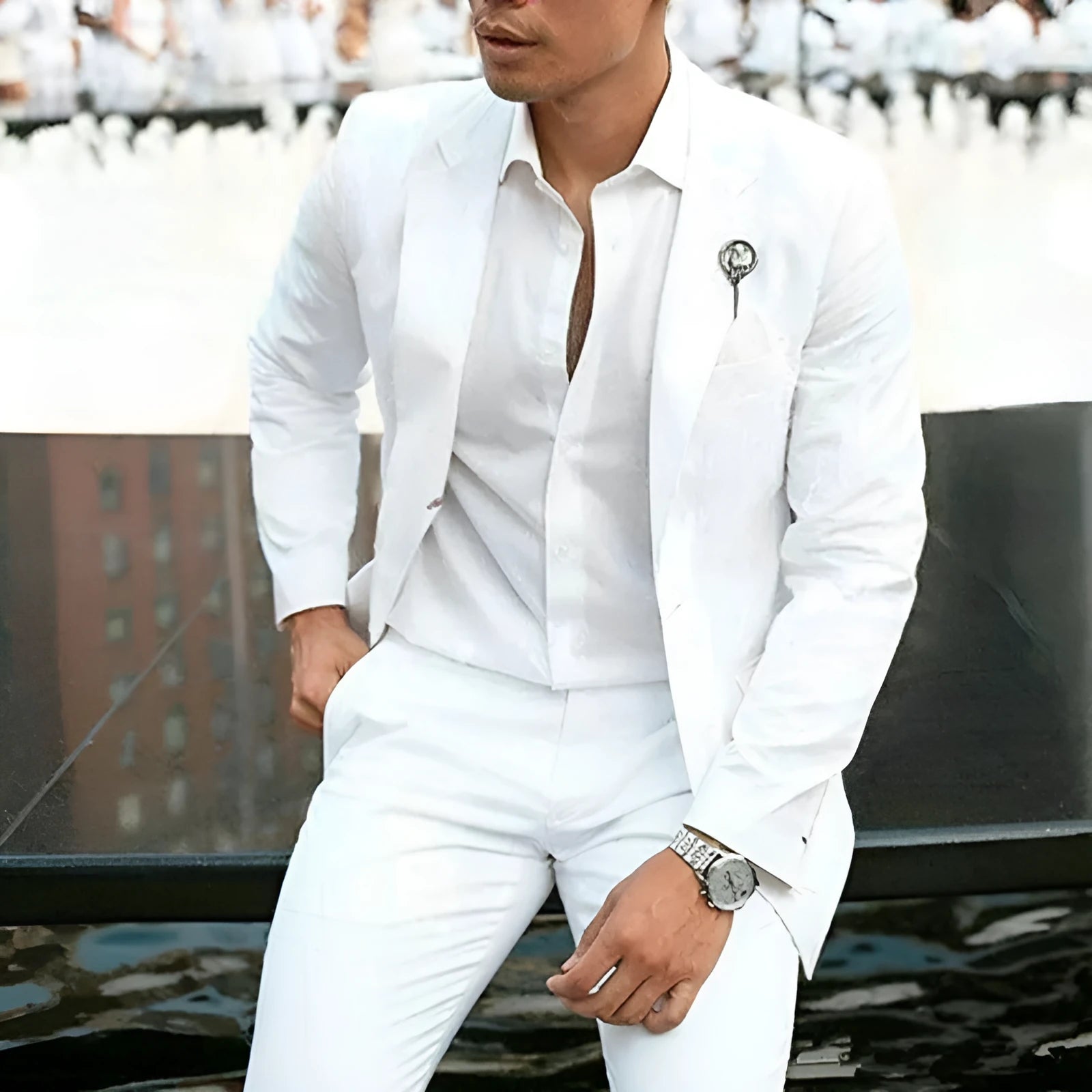 Men's white slim fit two-piece suit for weddings, shown on a hanger.