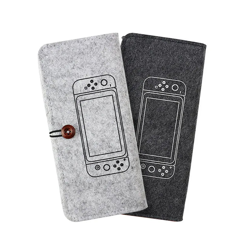 Black felt storage pouch for Nintendo Switch console with game card slots open
