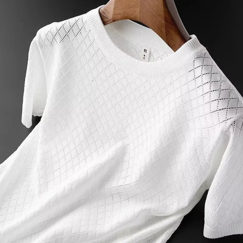Men's black and white ice silk T-shirt with V-neck and round neck options in Korean style
