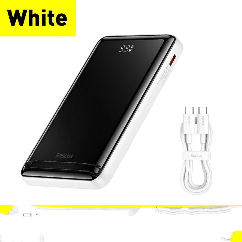 Blue 3-in-1 magnetic power bank with wireless charging capability showing compact dimensions