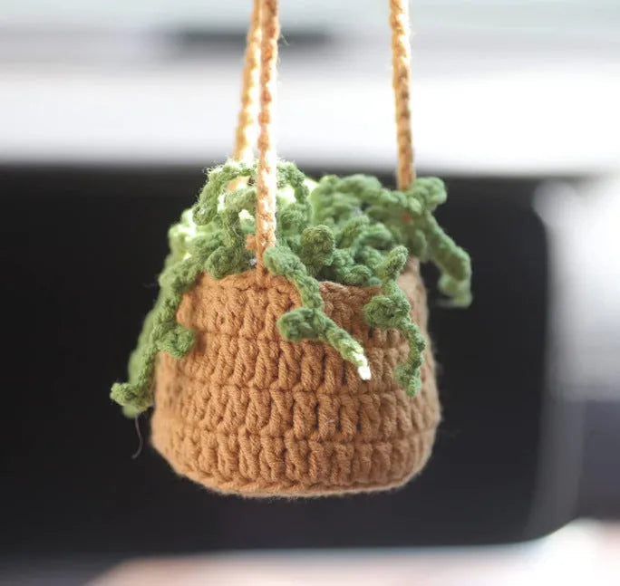 Green and white knitted wool car plant decoration hanging from a rope.