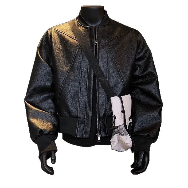 Men's black PU leather jacket with litchi pattern texture and extended length, shown in slim-fit light business style