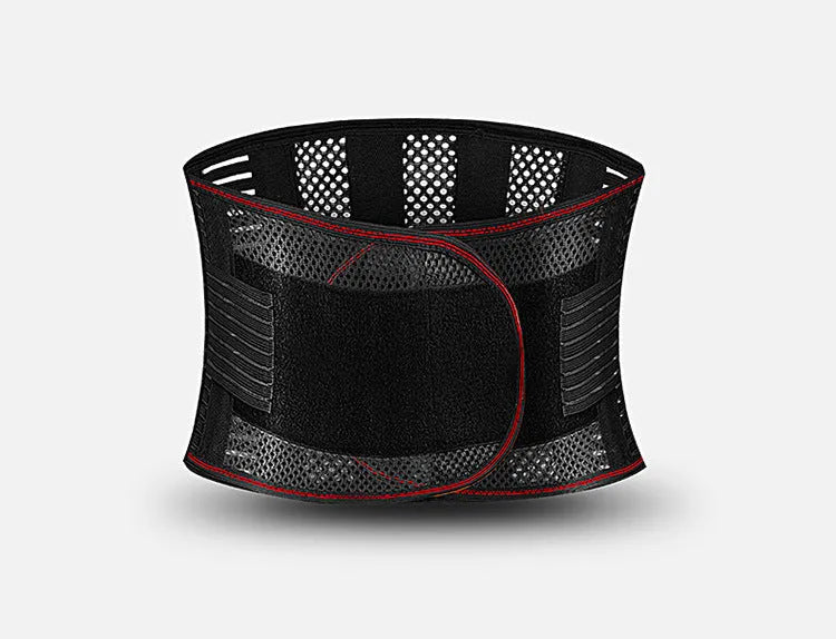 Black sports waist support belt with steel plate for decompression, shown on a model.