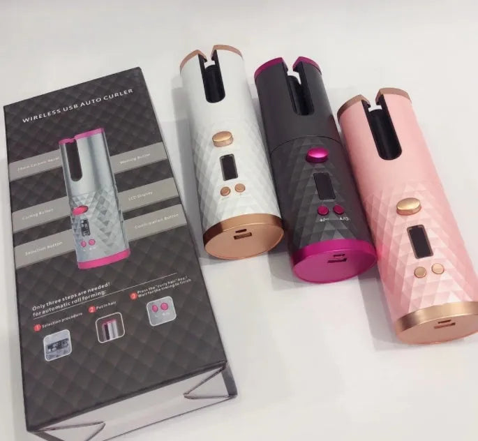 White portable curling iron with USB charging cable and gold ceramic barrel.