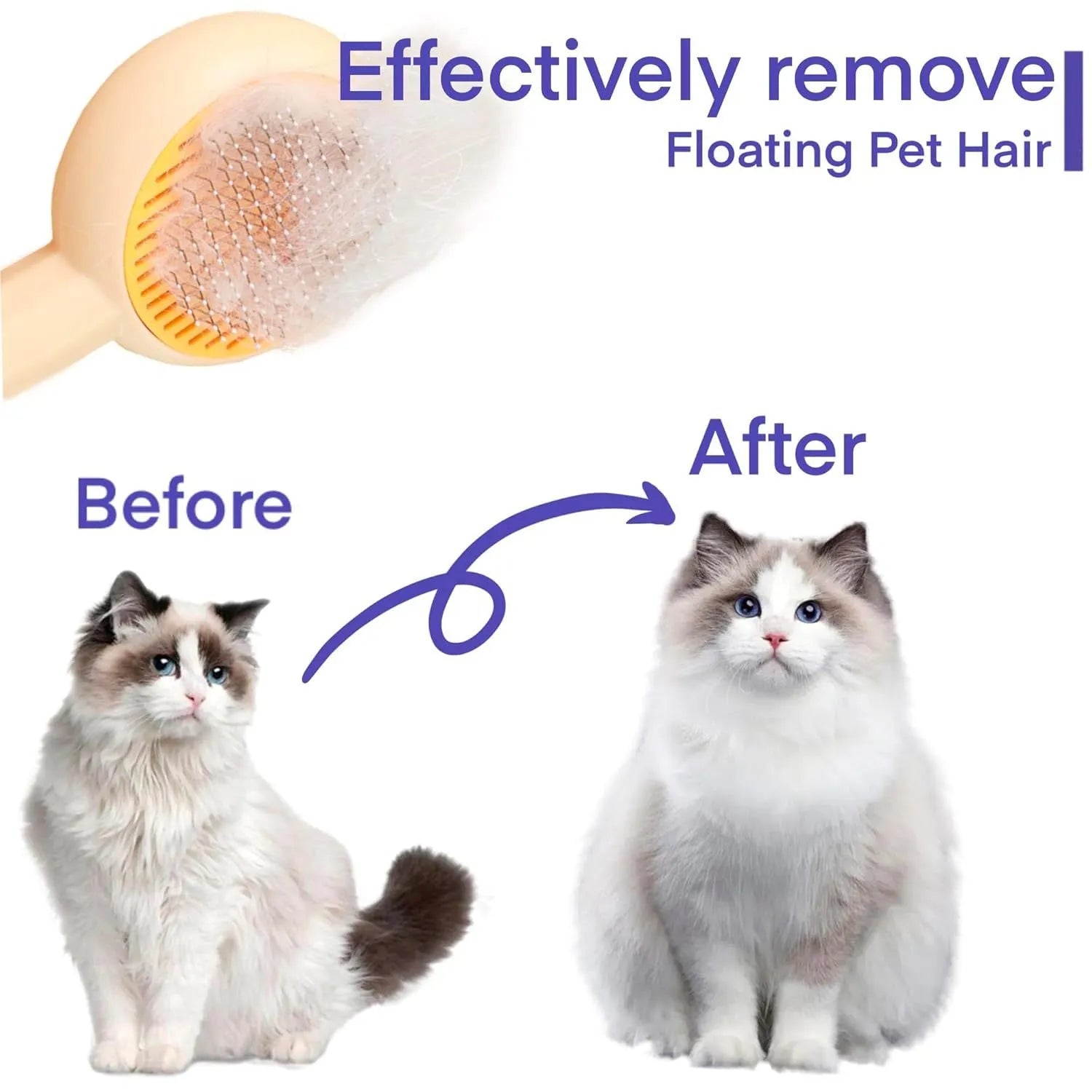 Blue pet grooming brush with self-cleaning button and angled metal needles
