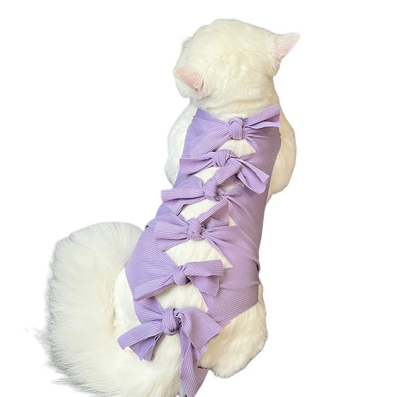 Lace-up polyester cat recovery suit in blue colour, shown on a cat model.