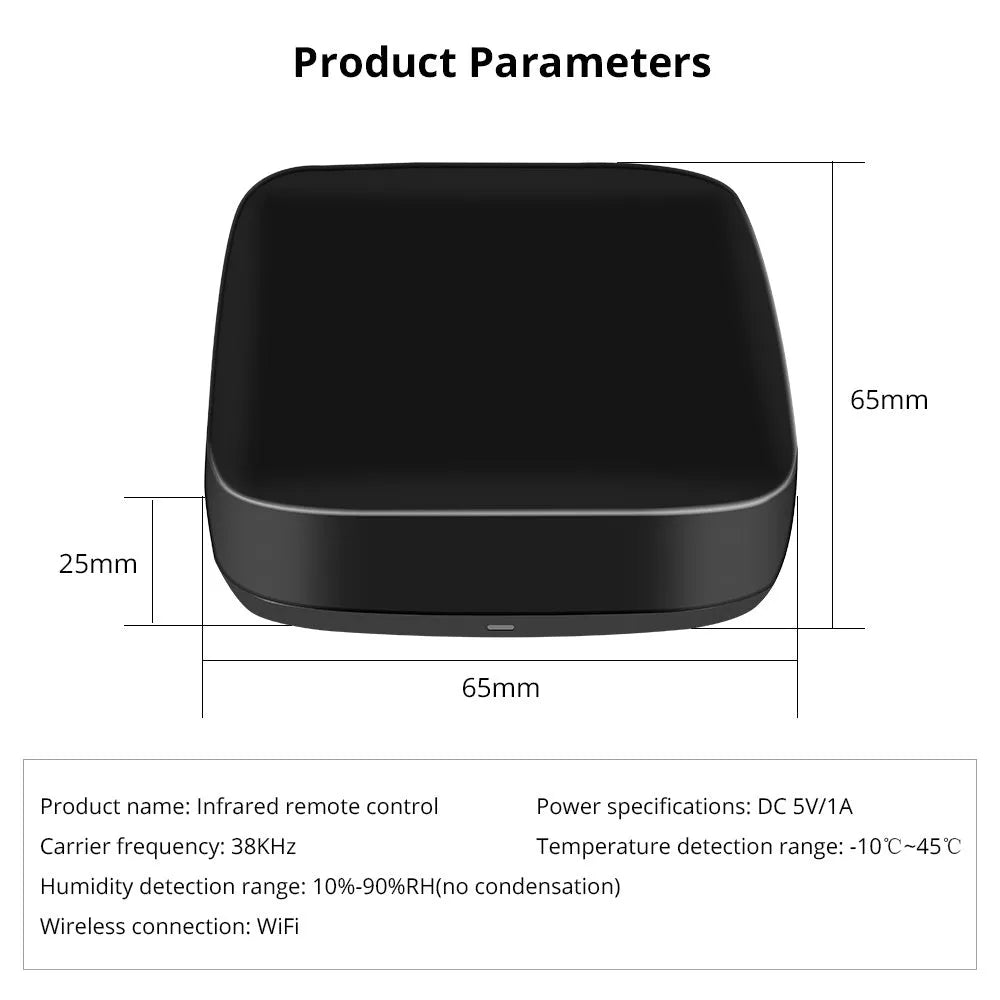 Black universal infrared remote control with voice control and WiFi connectivity features