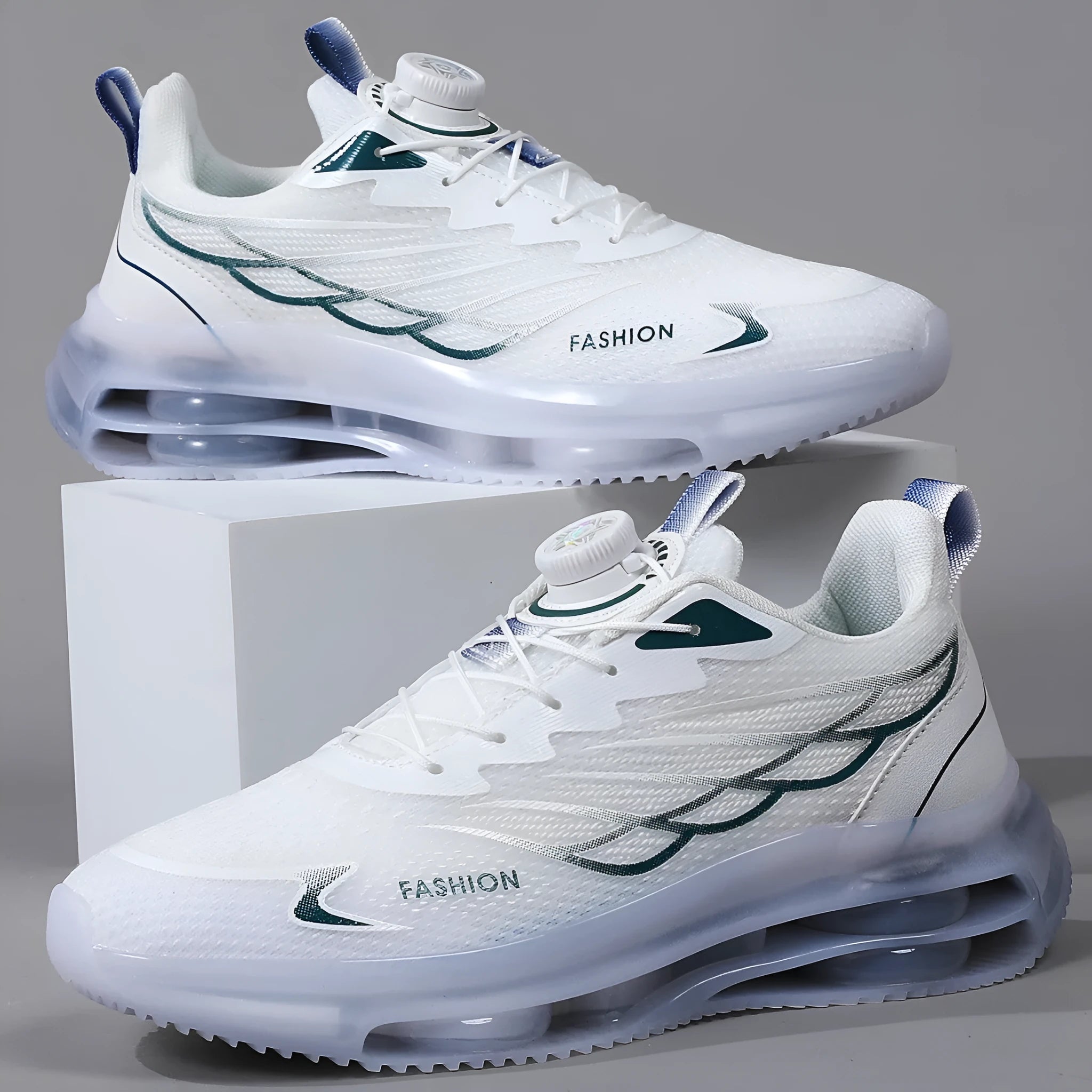 White mesh casual running shoes with rubber sole and lace-up front