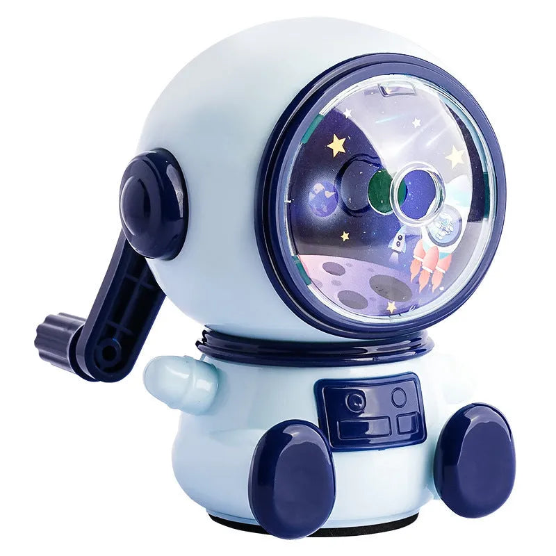 Cartoon astronaut pencil sharpener in blue or pink colours with manual operation
