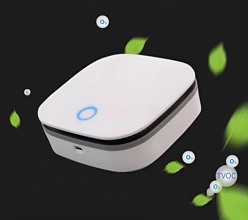 White portable USB air purifier for car and small room odor removal and disinfection.