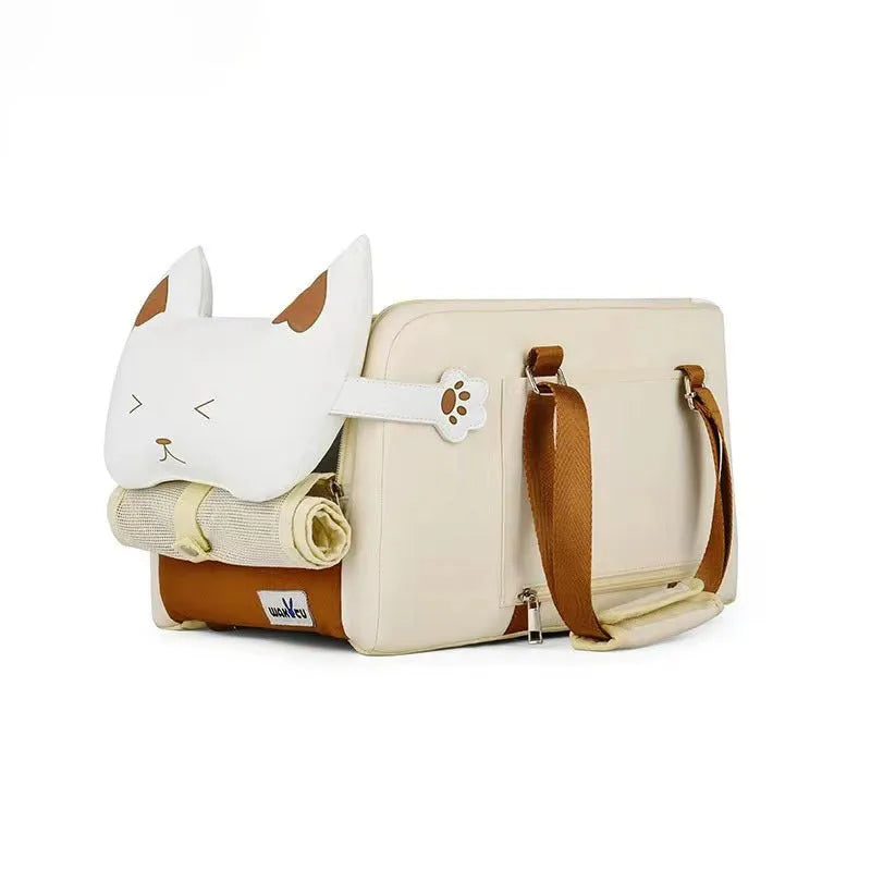 Beige hard-shell portable cat carrier flight case with one-shoulder strap, dimensions 43cm by 25cm by 22.5cm.
