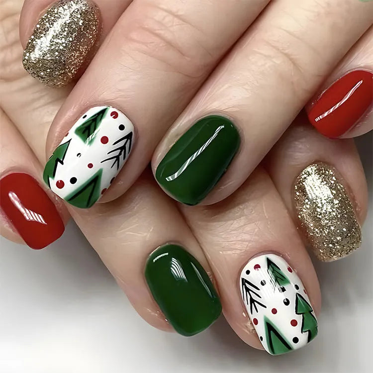 24pcs Christmas false nails with hat striped snowflake nail art stickers, eight colour options, full set
