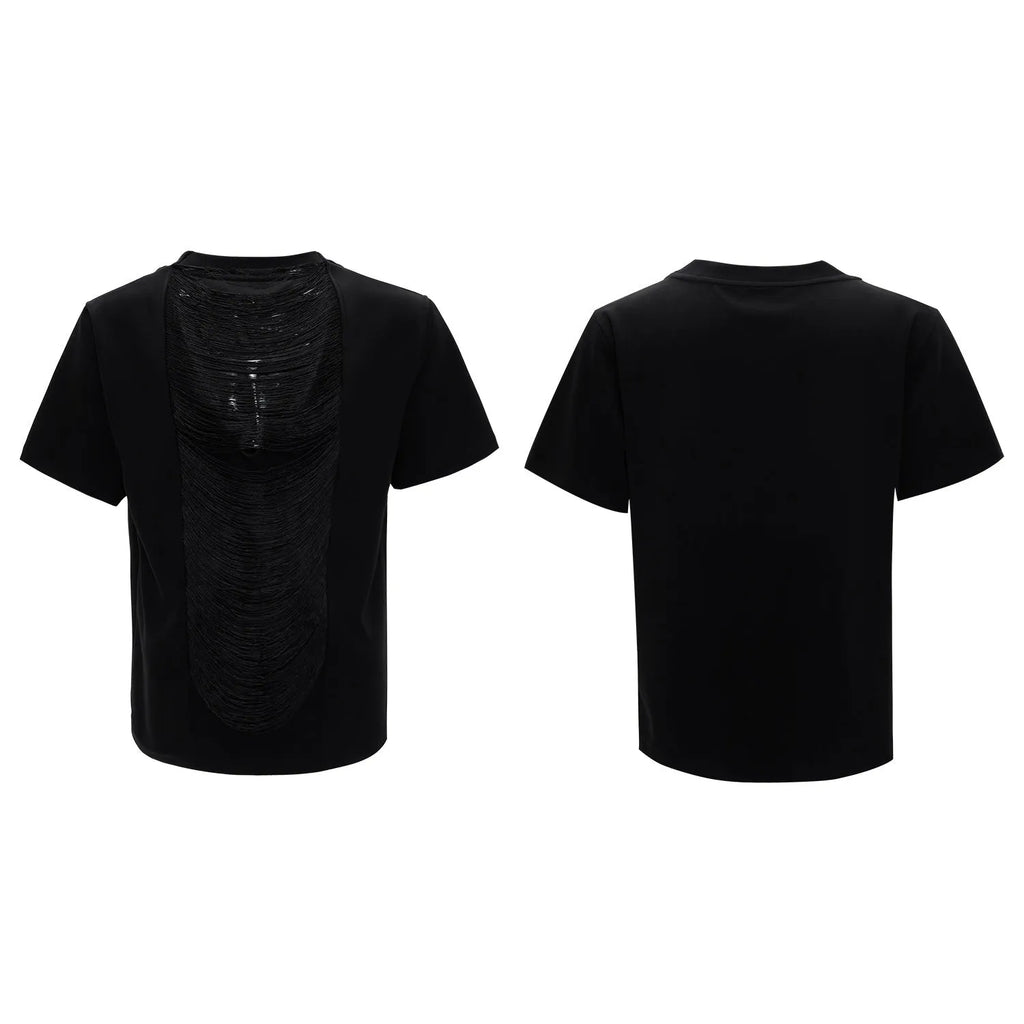 Men's black hollow out V-neck loose fit T-shirt with short sleeves and tassel detailing