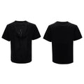 Men's black hollow out V-neck loose fit T-shirt with short sleeves and tassel detailing