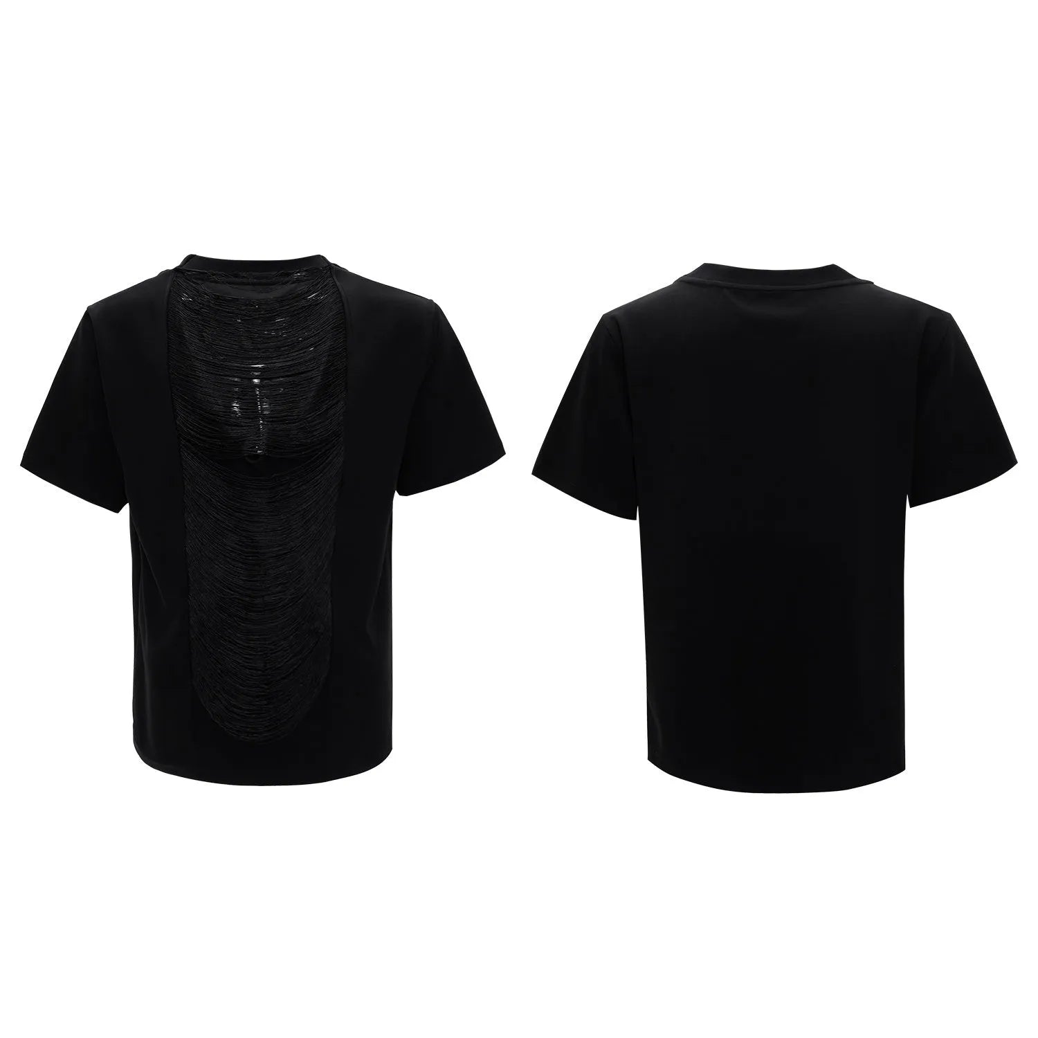 Men's black hollow out V-neck loose fit T-shirt with short sleeves and tassel detailing