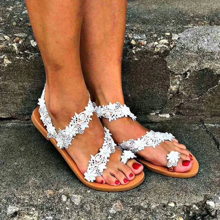 White women's flat shoes with rhinestone floral decoration on PU upper