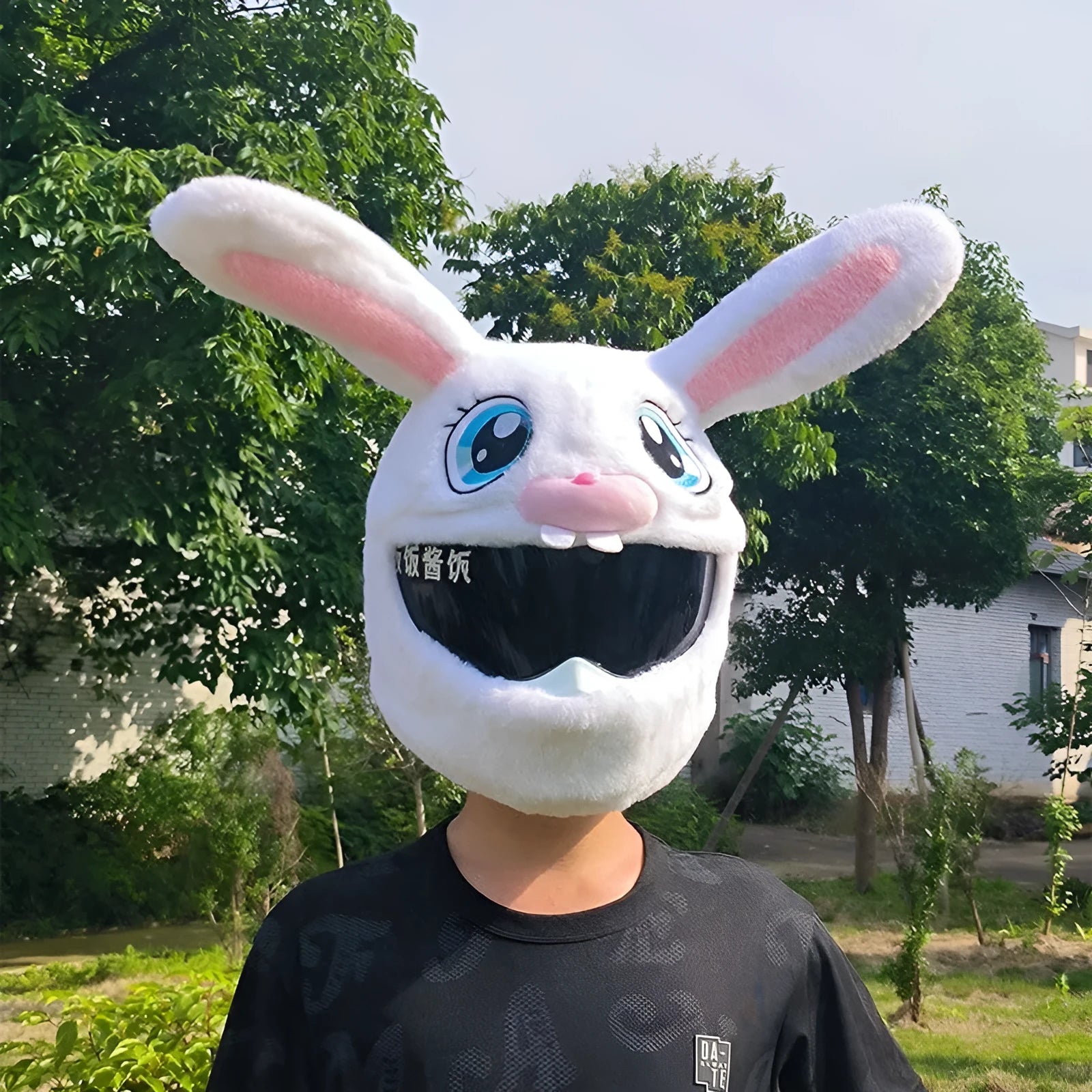 White rabbit head helmet cover with long ears for electric motorcycle commuting