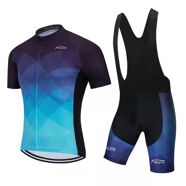 Cycling jersey set showing short sleeve moisture absorbing top and matching pants for summer biking.