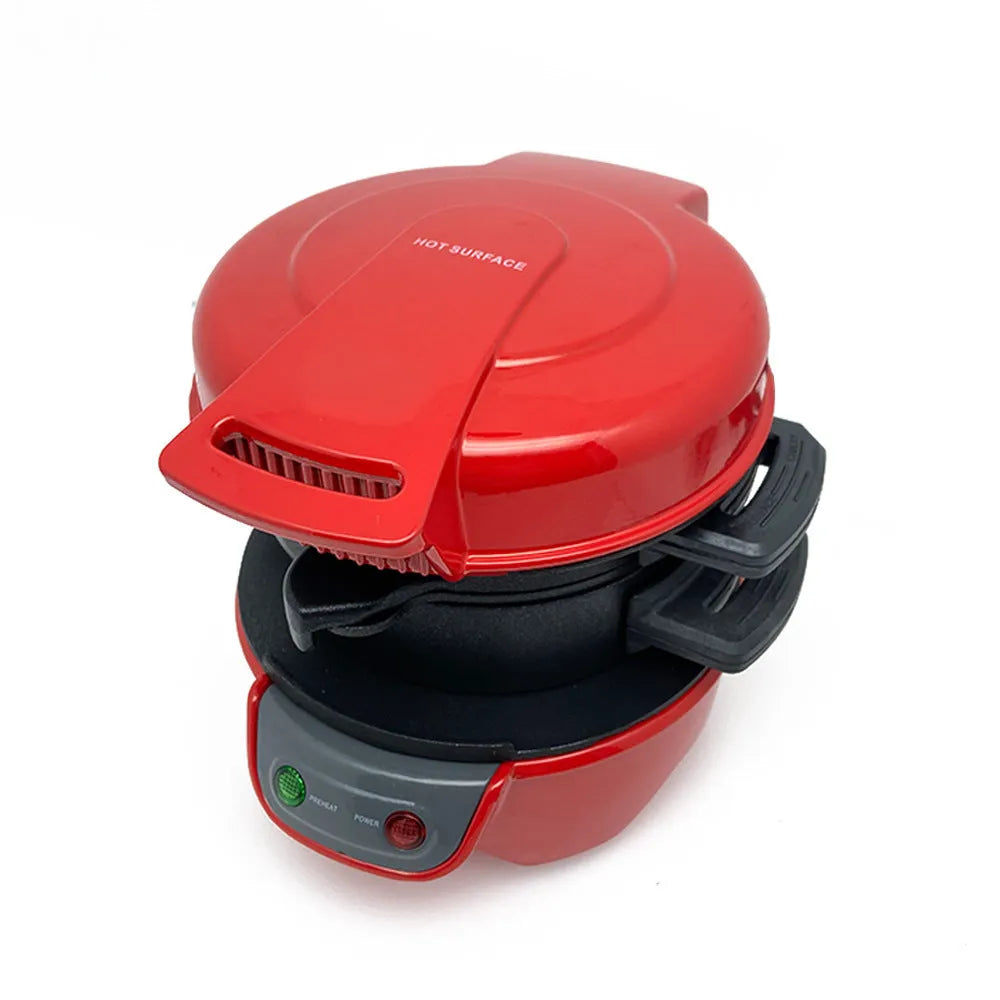 Household breakfast sandwich and waffle maker with egg cooker ring in bright red colour