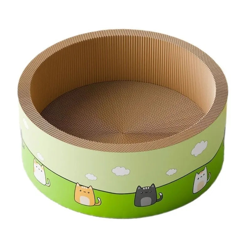 Large round cat scratch board made of brown corrugated paper in a deep pit design.