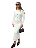 French retro slim fit knitted long-sleeved dress with button detail in black or white