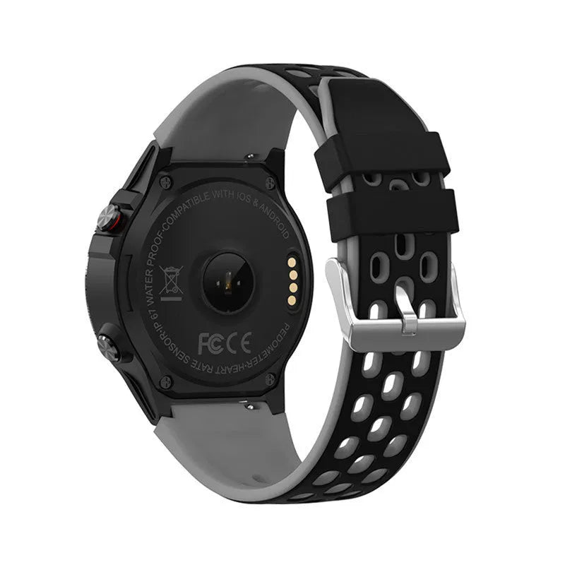Outdoor sports smart watch with 1.3-inch screen and blue silicone strap showing step count display.