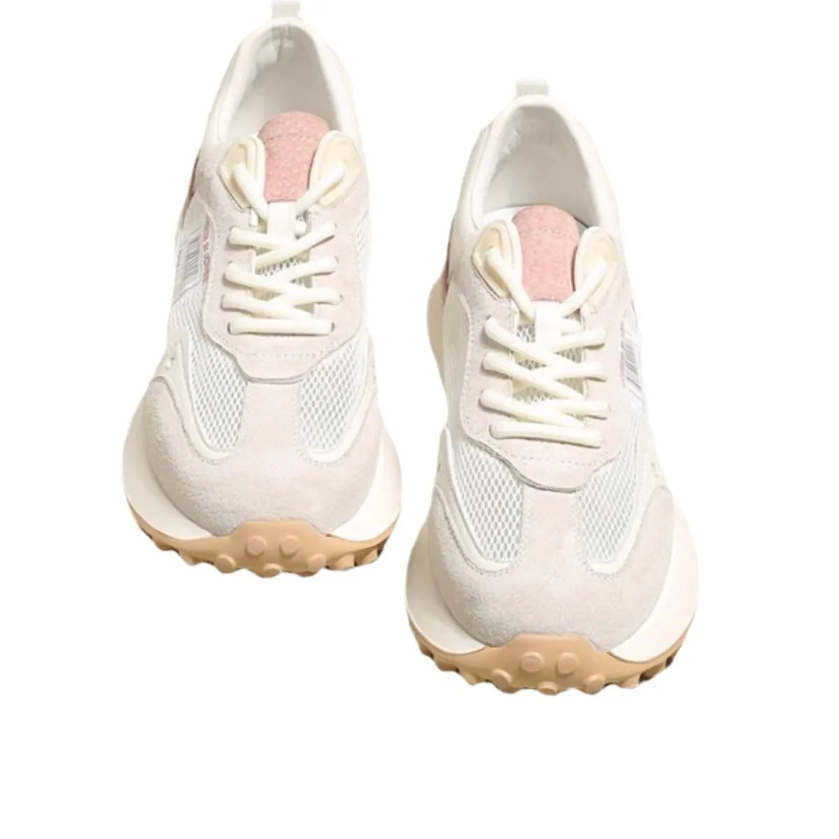 Women's gray and pink retro sneakers with mesh lining, rubber sole, and low-top design